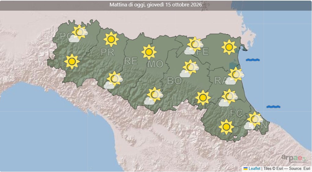 ArpaER's tweet photo. 🌦️Le previsioni #meteo da oggi a sabato in #EmiliaRomagna: cielo sereno alternato a nuvolosità variabile. Assenza di piogge fino a sabato pomeriggio dove potrebbero cadere in Appennino centro-ovest e pianura ovest
🌡️max 21-23°C
Più info e aggiornamenti https://t.co/hTR8WFGuXn https://t.co/oBcnCXj9Pe