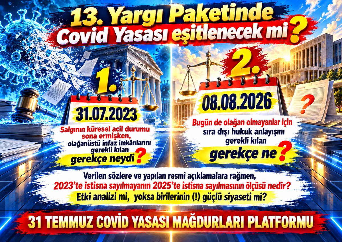 ArifeAgan's tweet photo. Sayın @abakingurlek Bakanım,
🦠 5 Mayıs 2023’te DSÖ, COVID-19’un küresel sağlık acil durumunun sona erdiğini açıkladı. Buna rağmen 14 Temmuz 2023’te 31 Temmuz Covid Yasası’yla belirli hükümlülere 𝟓 𝐲ı𝐥𝐚 𝐯𝐚𝐫𝐚𝐧 𝐝𝐞𝐧𝐞𝐭𝐢𝐦𝐥𝐢 𝐬𝐞𝐫𝐛𝐞𝐬𝐭𝐥��𝐤 𝐢𝐦𝐤â𝐧ı 𝐭𝐚𝐧ındı! Terör ve örgütlü suçlar ise düzenlemenin belirli hükümlerinde istisna tutuldu!

2025’e geldik, Sözde eşitsizliği gidereceklerdi; 𝐬ü𝐫𝐞𝐲𝐢 𝐝𝐚𝐫𝐚𝐥𝐭𝐭ılar, 𝟐𝟎𝟐𝟑’𝐭𝐞 𝐢𝐬𝐭𝐢𝐬𝐧𝐚 𝐬𝐚𝐲𝐦𝐚𝐝ıkları 𝐬𝐮ç nevilerini 𝐝e 𝐤𝐚𝐩𝐬𝐚𝐦 𝐝ışı𝐧𝐚 çı𝐤𝐚𝐫𝐝ılar!

Şimdi ise geçmişte terör örgütü olarak tanımlanan bir yapı için “𝐦ü𝐧𝐟𝐞𝐬𝐢𝐡” 𝐤𝐚𝐯𝐫𝐚𝐦ı 𝐞ş𝐥𝐢ğ𝐢𝐧𝐝𝐞 𝐬ı𝐫𝐚 𝐝ışı 𝐡𝐮𝐤𝐮𝐤 𝐩𝐨𝐥𝐢𝐭𝐢𝐤𝐚𝐥𝐚𝐫ı gündeme getiriliyor ve yeni anayasadan söz ediyorsunuz!

⚖️ 𝐁𝐢𝐳 𝐡𝐮𝐤𝐮𝐤 𝐝𝐞𝐯𝐥𝐞𝐭𝐢 𝐝𝐞ğ𝐢𝐥 𝐦𝐢𝐲𝐢𝐳 𝐒𝐚𝐲ı𝐧 𝐁𝐚𝐤𝐚𝐧ı𝐦?

2023’te yararlananlar ayrıcalıklı mıydı? Bugün özel hukuk politikaları gündeme gelenler mi ayrıcalıklı? Yoksa bu ülkede en büyük dezavantaj, 𝐝𝐞𝐯𝐥𝐞𝐭𝐢𝐧 𝐤𝐨𝐲𝐝𝐮ğ𝐮 𝐤𝐮𝐫𝐚𝐥𝐥𝐚𝐫𝐚 𝐮𝐲𝐮𝐩 𝐚𝐧𝐚𝐲𝐚𝐬𝐚𝐥 𝐞ş𝐢𝐭𝐥𝐢𝐤 𝐛𝐞𝐤𝐥𝐞𝐲𝐞𝐧 𝐬ı𝐫𝐚𝐝𝐚𝐧 𝐯𝐚𝐭𝐚𝐧𝐝𝐚ş 𝐨𝐥𝐦𝐚𝐤 𝐦ı?

Ne yargılamaları biz geciktirdik ne de Anayasa’nın 10. maddesi yürürlükten kalktı!

𝐎𝐥𝐚ğ𝐚𝐧ü𝐬𝐭ü 𝐬𝐚ğ𝐥ı𝐤 𝐤𝐨ş𝐮𝐥𝐥𝐚𝐫ı 𝐬𝐨𝐧𝐚 𝐞𝐫𝐦𝐢ş𝐤𝐞𝐧 𝐨𝐥𝐚ğ𝐚𝐧ü𝐬𝐭ü 𝐢𝐧𝐟𝐚𝐳 𝐢𝐦𝐤â𝐧𝐥𝐚𝐫ı 𝐭𝐚𝐧ı𝐲𝐚𝐛𝐢𝐥𝐝𝐢𝐧𝐢𝐳! Bugün olağan dışı süreçler için sıra dışı hukuk politikaları geliştirebiliyorsunuz! Peki yıllardır eşitlik bekleyen vatandaşın anayasal hakkını teslim etmek neden bu kadar zor?

📢 Sayın Bakanım, 𝟏𝟑. 𝐘𝐚𝐫𝐠ı 𝐏𝐚𝐤𝐞𝐭𝐢 𝐤𝐚𝐩𝐬𝐚𝐦ı𝐧𝐝𝐚 𝐛𝐮 ç𝐞𝐥𝐢ş𝐤𝐢𝐧𝐢𝐧 𝐠𝐢𝐝𝐞𝐫𝐢𝐥𝐦𝐞𝐬𝐢 𝐢ç𝐢𝐧 𝐢𝐧𝐢𝐬𝐢𝐲𝐚𝐭𝐢𝐟 𝐚𝐥𝐦𝐚𝐧ı𝐳ı 𝐛𝐞𝐤𝐥𝐢𝐲𝐨𝐫𝐮𝐳!

2023’te tanınan hakların geri alınmasını değil, aynı hukuki durumda bulunan vatandaşların eşitlik taleplerinin karşılanmasını istiyoruz.

𝐀𝐟 𝐝𝐞ğ𝐢𝐥, 𝐥ü𝐭𝐮𝐟 𝐝𝐞ğ𝐢𝐥, 𝐚𝐲𝐫ı𝐜𝐚𝐥ı𝐤 𝐝𝐞ğ𝐢𝐥! 𝐀𝐧𝐚𝐲𝐚𝐬𝐚’𝐧ı𝐧 𝟏𝟎. 𝐯𝐞 𝟏𝟏. 𝐦𝐚𝐝𝐝𝐞𝐥𝐞𝐫𝐢𝐧𝐢𝐧 𝐠𝐞𝐫𝐞ğ𝐢𝐧𝐢 𝐢𝐬𝐭𝐢𝐲𝐨𝐫𝐮𝐳!

Artık vatandaşa sabır tavsiye etmek yerine, 𝐝𝐞𝐯𝐥𝐞𝐭𝐢𝐧 𝐠𝐞𝐜𝐢𝐤𝐞𝐧 𝐲𝐚𝐫𝐠ı𝐥𝐚𝐦𝐚𝐥𝐚𝐫ı𝐧ı𝐧 𝐯𝐚𝐭𝐚𝐧𝐝𝐚ş 𝐚𝐥𝐞𝐲𝐡𝐢𝐧𝐞 𝐝𝐨ğ𝐮𝐫𝐝𝐮ğ𝐮 𝐬𝐨𝐧𝐮ç𝐥𝐚𝐫ı 𝐠𝐢����𝐞𝐫𝐞𝐜𝐞𝐤 𝐬𝐨𝐦𝐮𝐭 𝐛𝐢𝐫 𝐚𝐝ı𝐦 atılmasını bekliyoruz!

📍#AnayasalHakkımNerede
📍#AnayasaMadde10
📍#31TemmuzCovidYasası 

@mehmetucum @YildizFeti @adalet_bakanlik @AYMBASKANLIGI @muhteremince @RTErdogan @dbdevletbahceli @szctelevizyonu @oguz_ilgicc @KritikNoktaHbr @ozdilane @avidrissahin @avbulentkaya @nerminyldrmkara @melih_meric @ugurdundarTV @BelovacSerap @cenginyurt52 @ceyhanburakab @NumanKurtulmus