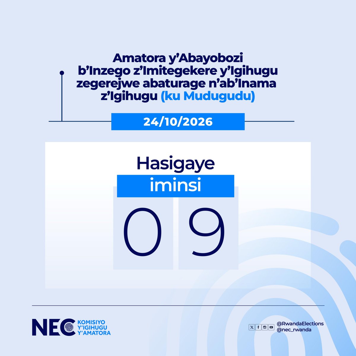 RwandaElections's tweet photo. Harabura iminsi 9 yonyine ngo dutore ku rwego rw'Umudugudu. Kwitabira aya matora ni inshingano zacu twese, ntuzabure! #Amatora2026 https://t.co/F0H9ic0m2C