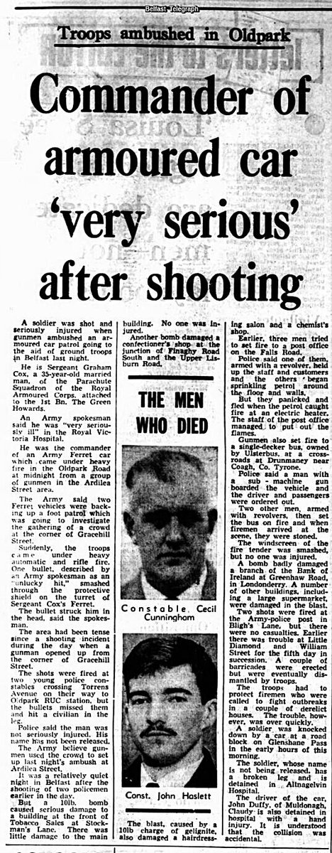 OnThisDayPIRA's tweet photo. #OnThisDay in 1971 the IRA murdered Cecil Henry Cunningham, 46, formerly of Florencecourt, Fermanagh &amp; John Thompson Haslett, 21, of Russell Pk, Gilnahirk. 2 RUC based at Tennant St police station, Belfast, shot ununiformed, while sitting in a car, at NW Belfast, N. Ireland #OTD https://t.co/tL5ditvigB