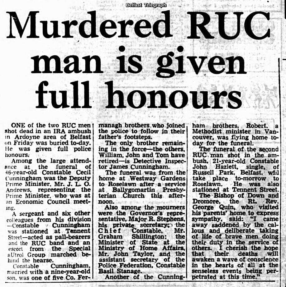 OnThisDayPIRA's tweet photo. #OnThisDay in 1971 the IRA murdered Cecil Henry Cunningham, 46, formerly of Florencecourt, Fermanagh &amp; John Thompson Haslett, 21, of Russell Pk, Gilnahirk. 2 RUC based at Tennant St police station, Belfast, shot ununiformed, while sitting in a car, at NW Belfast, N. Ireland #OTD https://t.co/tL5ditvigB