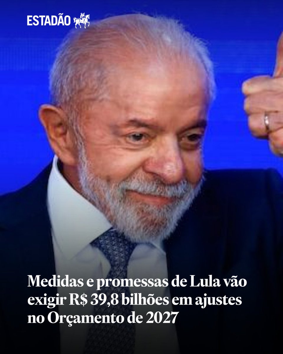 Estadao's tweet photo. Medidas e promessas de Lula vão exigir R$ 49,8 bilhões em ajustes no Orçamento de 2027 | Ações dependerão de aprovação do Congresso Nacional após as eleições já que apenas o aumento do faturamento do MEI está previsto no Orçamento do ano que vem https://t.co/t4lSv9BrhW https://t.co/okNAROt4Yy