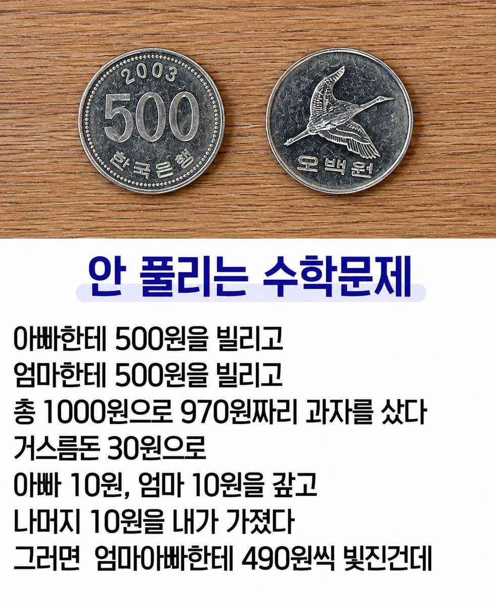 shion_zhion's tweet photo. 사라진 10원의 미스터리… 이 수학 문제 풀 수 있나요?🤔 https://t.co/1TYJqvckw4