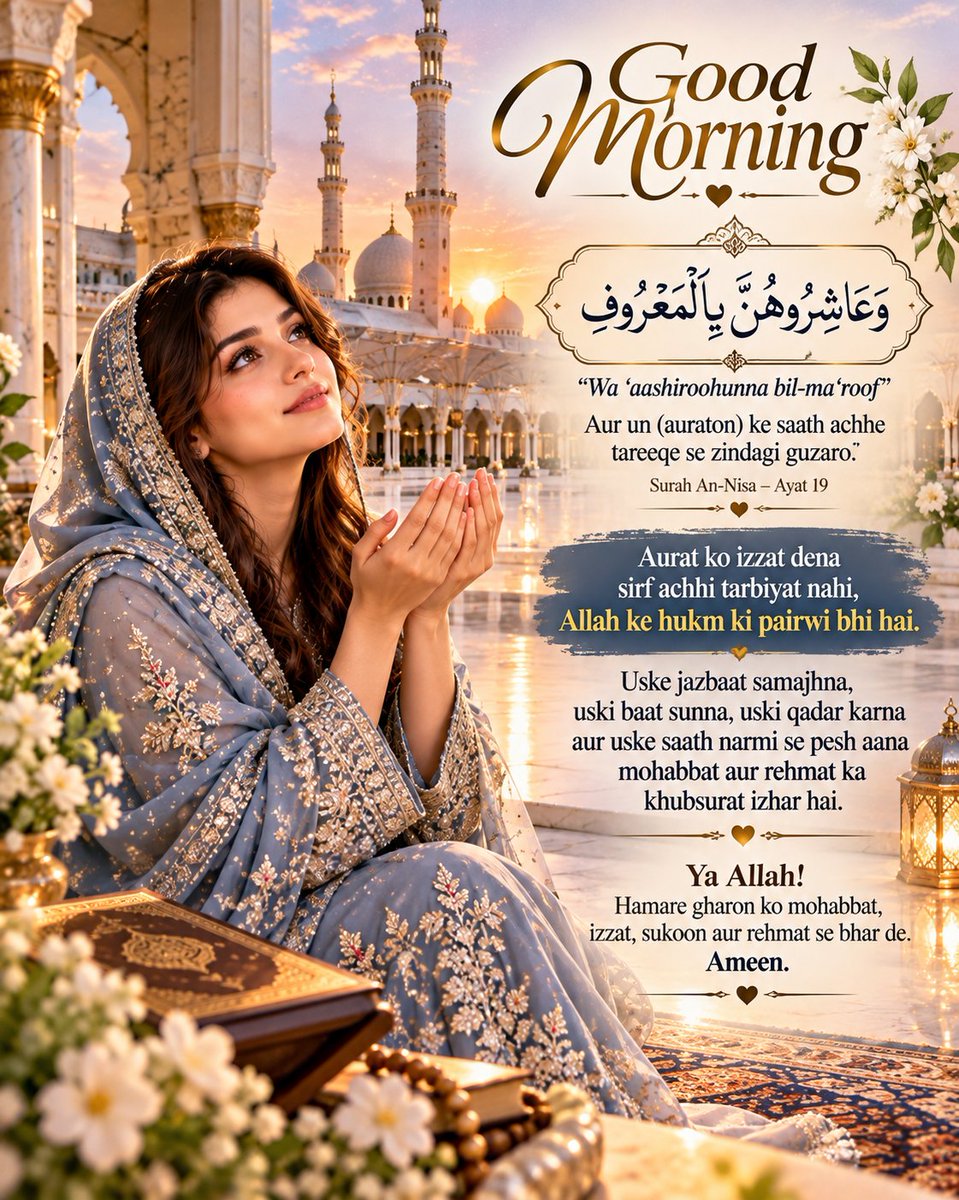 wa44644384's tweet photo. 🌸🤍 Assalamualaikum! Good Morning ☀️🤲

✨ Aurat ki izzat karna sirf achhi tarbiyat nahi, Allah ke hukm ki pairwi bhi hai. ❤️

📖 Quran-e-Pak mein Allah Ta'ala farmata hai:

"Aur un (auraton) ke saath achhe tareeqe se zindagi guzaro."
— Surah An-Nisa, Ayat 19 (ayat ka hissa) https://t.co/7MSQrDMnNc