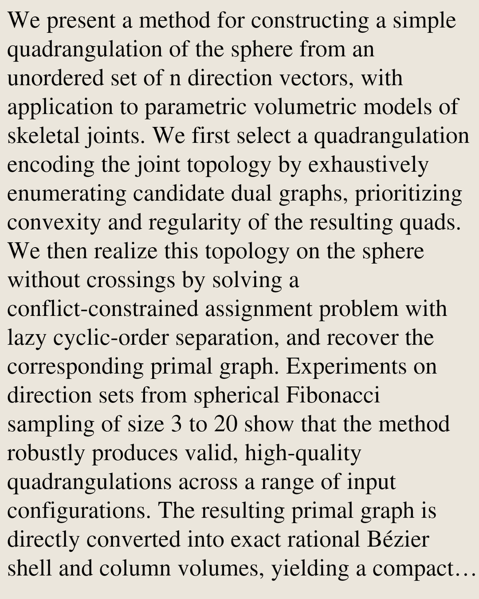 Animation's tweet photo. Construction of Simple Quadrangulations of the Sphere at Skeletal Joints

Suil Hwang, Q Youn Hong
https://t.co/4Rc0EHKx2G [𝚌𝚜.𝙶𝚁] https://t.co/tWMwMiyd5c