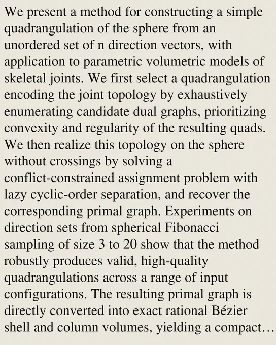 We present a method for constructing a simple quadrangulation of the sphere from an unordered set of n direction vectors, with application to parametric volumetric models of skeletal joints. We first select a quadrangulation encoding the joint topology by exhaustively enumerating candidate dual graphs, prioritizing convexity and regularity of the resulting quads. We then realize this topology on the sphere without crossings by solving a conflict-constrained assignment problem with lazy cyclic-order separation, and recover the corresponding primal graph. Experiments on direction sets from spherical Fibonacci sampling of size 3 to 20 show that the method robustly produces valid, high-quality quadrangulations across a range of input configurations. The resulting primal graph is directly converted into exact rational B茅zier shell and column volumes, yielding a compact and precise volumetric representation of the joint. The approach extends naturally to multi-joint assemblies, enabling the