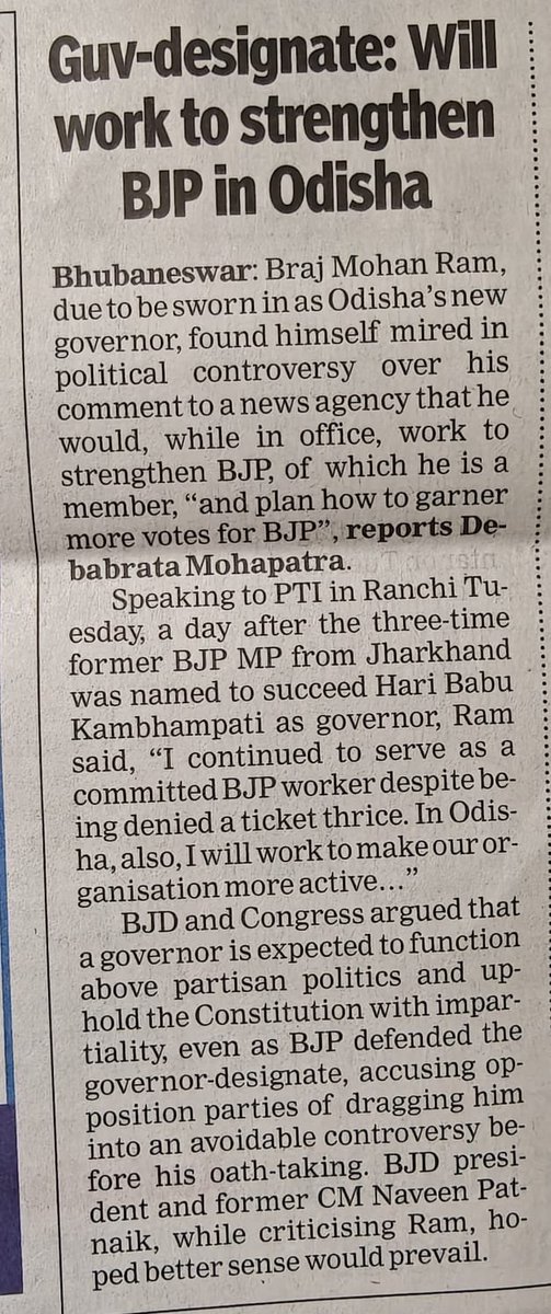 HariprasadBK2's tweet photo. A Governor is a constitutional authority, not a party worker in Raj Bhavan!

If a Governor-designate openly declares that he will strengthen the @BJP4India & work to garner more votes for the party, it raises serious questions about constitutional impartiality and the misuse of constitutional institutions for partisan interests.

The Governor’s office demands neutrality, not political allegiance. The Constitution cannot become a tool for furthering a party’s agenda.

This statement warrants serious scrutiny. @rashtrapatibhvn should seriously reconsider his appointment and he should be removed from the post when his conduct is incompatible with the constitutional duty of impartiality.

Shameful disregard for the dignity of a constitutional office!