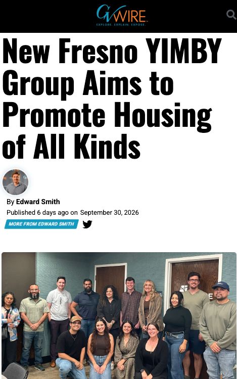 cayimby's tweet photo. A new Fresno YIMBY group held its first meeting on Sept. 29 with planners, renters, and homeowners. 

Organizer Drew Phelps says the focus is on practical fixes because city plans can encourage housing on paper, while code details make it hard to build. https://t.co/BVfkTLkJNc
