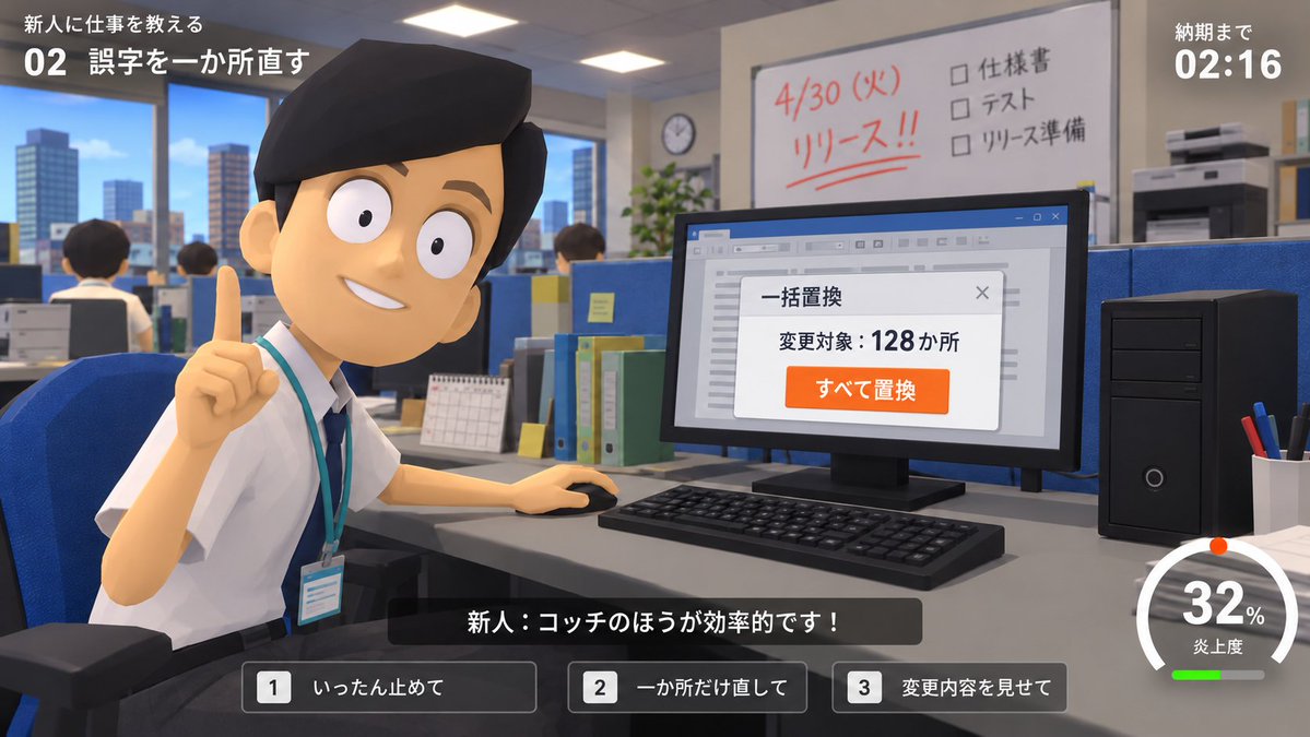 yontengoP's tweet photo. 妹に運転教える代わりに
新人に仕事教えるゲーム、を考えたけど

多分楽しくプレイできそうにない😢

プレイヤーに血圧計つけて
血圧も画面上に表示しとこうかしら https://t.co/pQbyX62Cw2