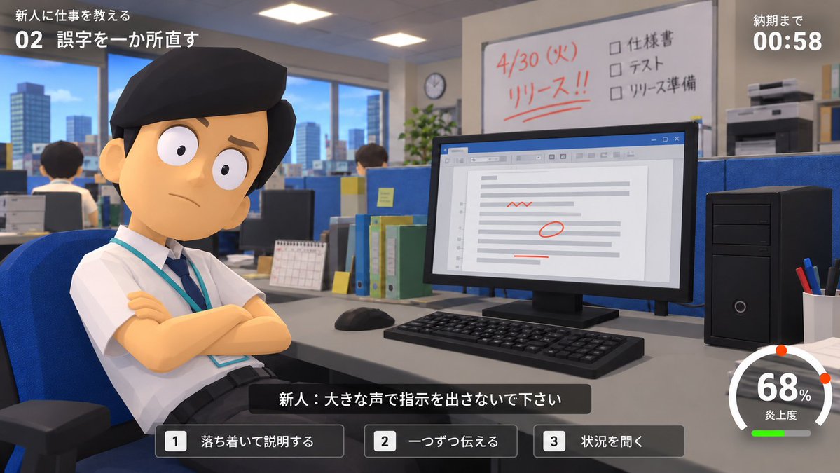 yontengoP's tweet photo. 妹に運転教える代わりに
新人に仕事教えるゲーム、を考えたけど

多分楽しくプレイできそうにない😢

プレイヤーに血圧計つけて
血圧も画面上に表示しとこうかしら https://t.co/pQbyX62Cw2