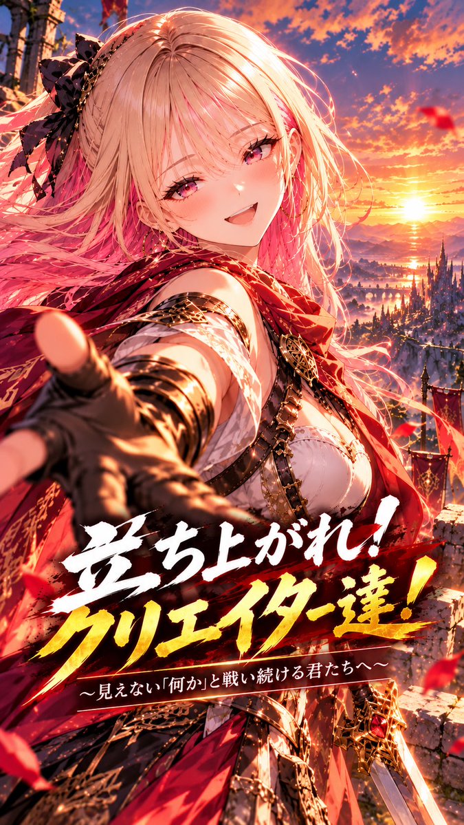 MomohaneLily's tweet photo. 🔥⚔️ 立ち上がれ！クリエイター達！ ⚔️🔥

〜見えない「何か」と戦い続ける君たちへ〜

創作を続けていれば、思うように評価されない日もある。
数字に悩む日も、自信をなくしそうになる日もある。

そんなクリエイター達にエールを送る、RPG風イラスト企画を開催します！🔥

⚔️ 【企画内容】

オリジナルキャラクターをRPG風の衣装に身を包み、何かと戦う姿を描こう！

🛡️ 職業・武器・能力・設定は自由！
🐉 戦う相手も自由！
🔥 アルゴリズム、数字、己自身、ファンタジーの魔物など、あなたの自由な発想で表現してください！

📅 【開催期間】

10月17日（土）12:00 ～ 10月19日（月）21:00

📢 【参加方法】

・イベントタグの使用は任意です。
・確認しやすいよう、このポストを引用リポストしていただけると助かります。
・引用リポストが難しい場合は、このポストに「参加しました」などとリプライで教えていただけると助かります。

※タグ・引用・リプライのいずれも確認できない場合、作品を見落としてしまう可能性があります。あらかじめご了承ください。

📜 【参加ルール】

・オリジナルキャラクター限定（版権キャラクター不可）
・過度な性的表現、残虐・グロテスクな表現は禁止
・他者を攻撃・誹謗中傷する目的の描写は禁止
・センシティブ判定やラベル付与を受けた場合は、投稿者本人の自己責任となります。

🏆 【ランキング・順位付けなし】

誰かと競うための企画ではありません。
創作を楽しみ、頑張るクリエイター同士でエールを送り合う企画です！

自分だけの勇者を立ち上がらせよう！

さあ、武器を取れ！
立ち上がれ、クリエイター達！

#立ち上がれクリエイター