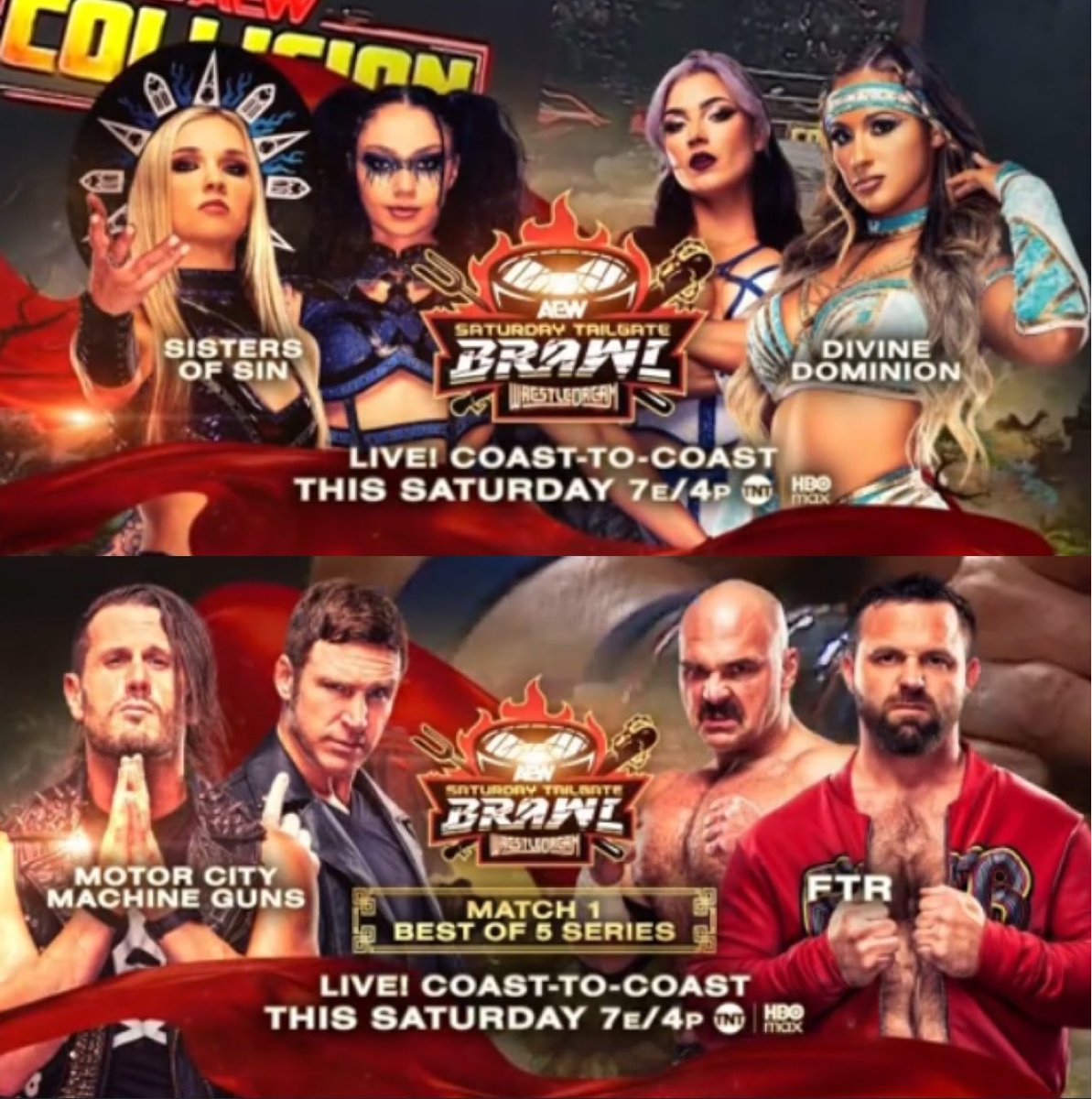 WrestlePurists's tweet photo. 🚨 JUST ANNOUNCED 

Matches for the AEW WrestleDream Tailgate Brawl

• Sisters of Sin vs. Divine Dominion

• Motor City Machine Guns vs. FTR in Match 1 of the Best of 5 Series

#AEWCollision https://t.co/J1pdYPGNvm