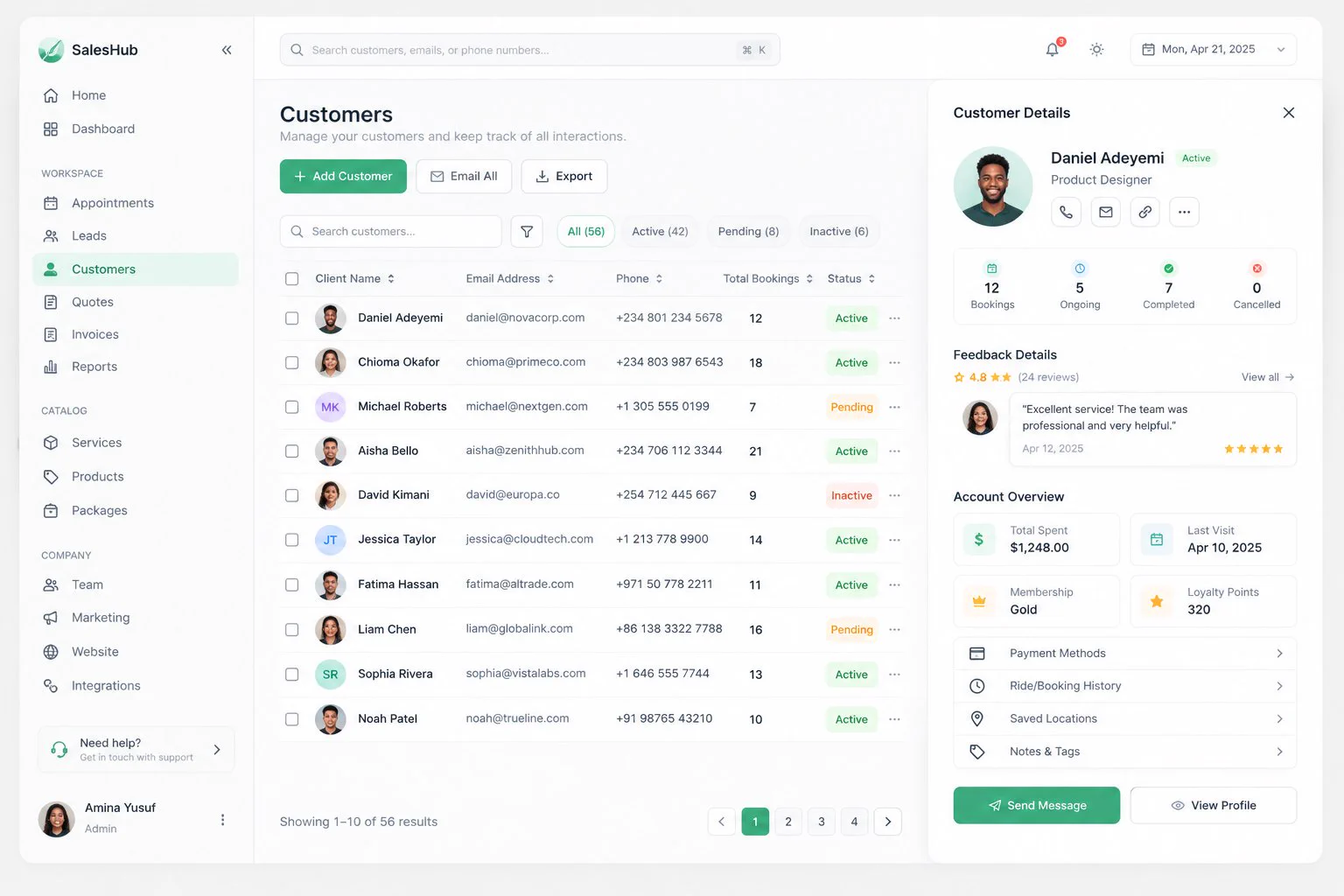CRM 고객 관리 대시보드 — 테이블과 고객 상세 패널
