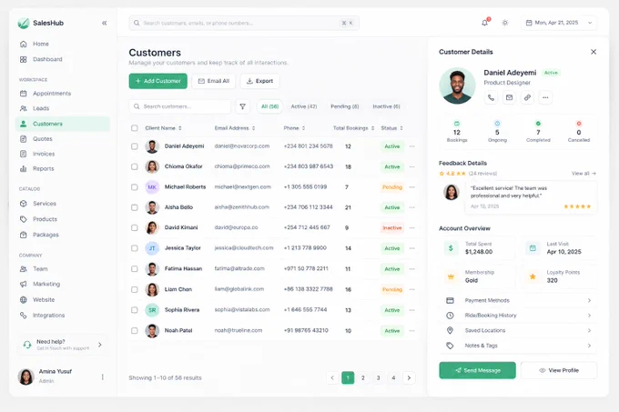 CRM 고객 관리 대시보드 — 테이블과 고객 상세 패널