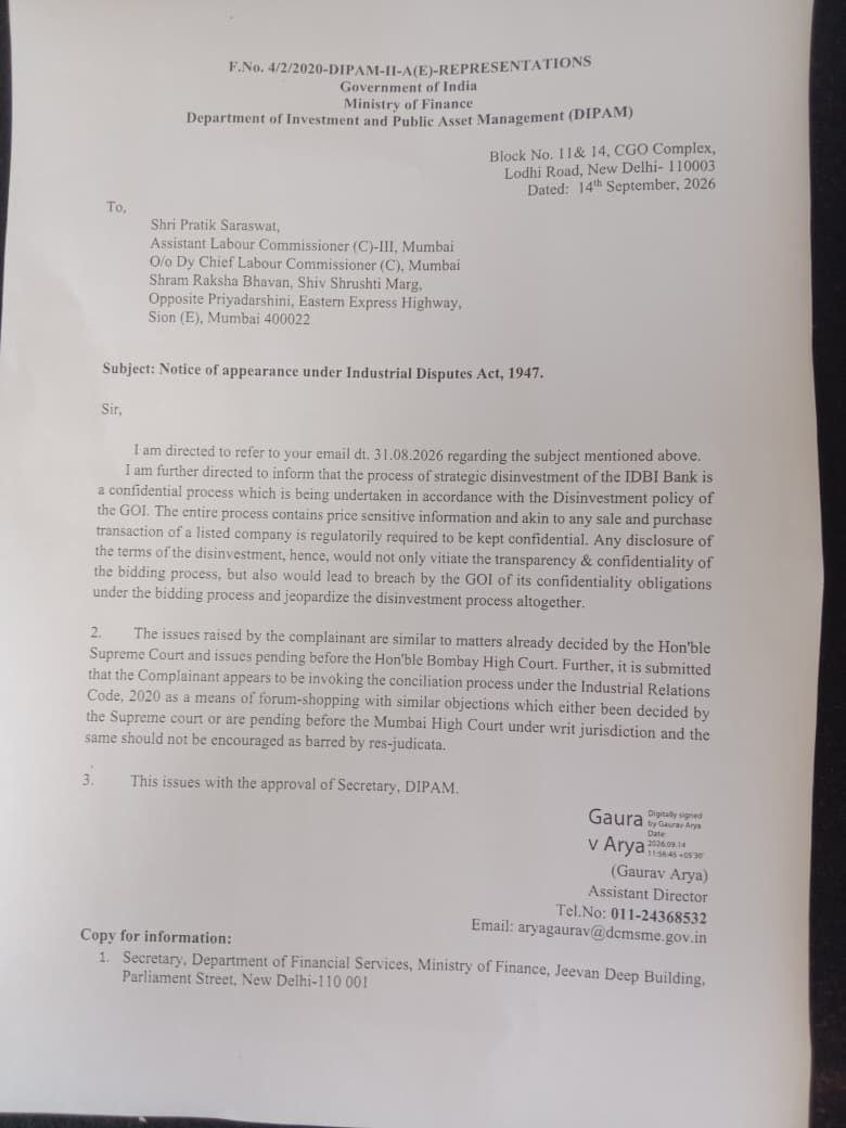 IdbiFor's tweet photo. White lies are being spread to portray @FFH_TO Fairfax’s unfair deal as fair!

The All India IDBI Officers’ Association, the largest Union in IDBI Bank, was never consulted on this deal. In fact, during several conciliation meetings, @DFS_India and @SecyDIPAM refused to engage with us.

Any assurances allegedly given by the management are equally questionable. We have repeatedly warned that this deal jeopardises the future of our officers and employees.

IDBI Bank’s future cannot be compromised by false assurances!
@EconomicTimes @livemint @NDTVProfit @DainikBhaskar @businessline @bsindia @moneycontrolcom @INCIndia