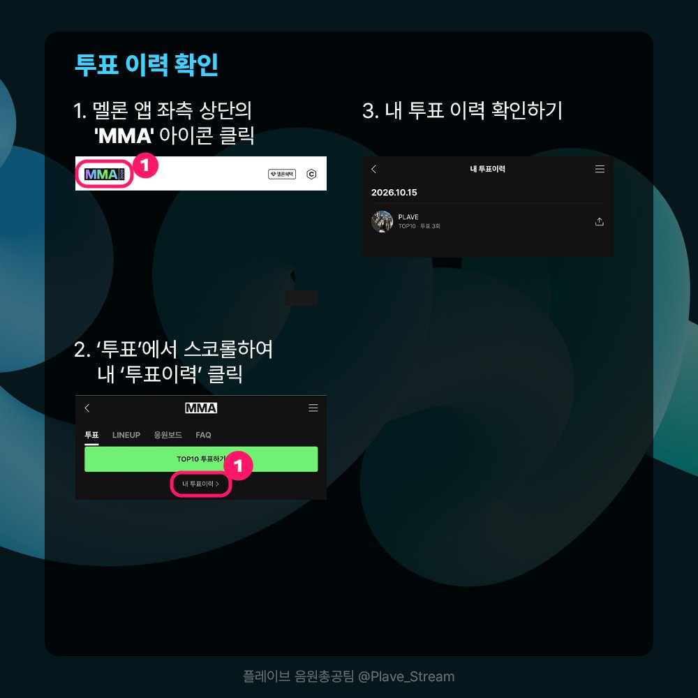 Plave_Stream's tweet photo. 🏆MMA2026 TOP10 투표🏆

‼️"추가 투표권"은 안내가 있기 전까지 사용하지 말아주세요‼️

심사 방법
음원 성적 60% + 심사 20% + 팬 투표 20%

투표기간
2026.10.15(목)  ~ 2026.10.29(목) 23:59:59 (KST)

투표 어플
Melon
https://t.co/Uz9GgdV3UQ

투표 주의사항
본인 인증 완료한 아이디로만 투표 가능(명의 당 1계정만 투표 가능)
매일 00시 00분을 기준으로 당일 투표 기회가 새로 부여
“추가 투표권”은 음총팀 안내에 따라 사용

가이드 자세히보기
https://t.co/XS6qXpXNCS

#멜론 #Melon #멜론뮤직어워드 
#PLAVE #플레이브