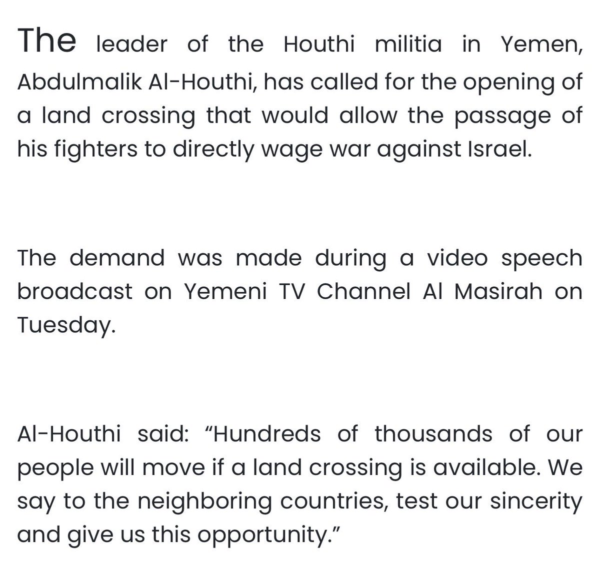 propandco's tweet photo. In Nov. 2023, Ansarallah requested that its regional neighbors open a land corridor from Yemen to Palestine so they could send hundreds of thousands of soldiers to go and fight to stop the genocide. 

They specifically dared them to doubt their sincerity. 

“Say wallah we won’t” type shit.

No one replied. 

They continued their blockade of the Red Sea and fought for 2 months straight against aircraft carriers and fighter jets. 

No food. No water. No port. No fuel. Nothing. Starving and poor. 

They fought anyway. 

And you want me to root for their defeat or destruction? 

Fuck off.