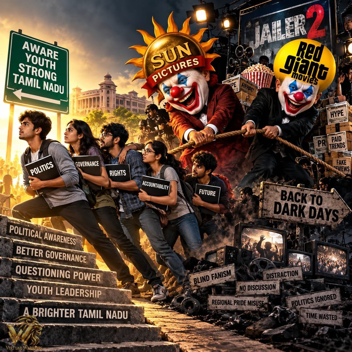 vickyrazad's tweet photo. *Tamil Nadu youngsters are waking up politically, learning to question power and fight for their future. And here come @sunpictures &amp; @RedGiantMovies_ with another round of cinematic clownery to drown out the real issues. 🤡*

#Jailer2Disaster #Failure2 #SunPicturesDistraction https://t.co/XgrtMln8tH