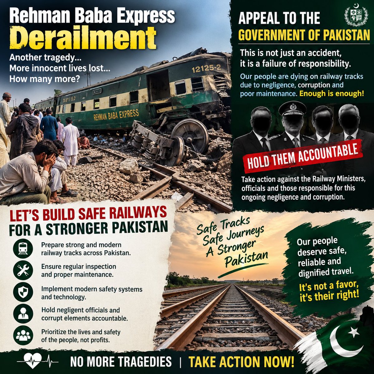 Shahzoora's tweet photo. ہمیں ہر حادثے کے بعد صرف افسوس، تعزیتی بیانات اور وعدے نہیں چاہئیں، بلکہ عملی اقدامات چاہئیں تاکہ آئندہ کسی اور گھر کا چراغ نہ بجھے۔

#pakistanrailways #pakistan  #railways
@MohsinnaqviC42  @BBhuttoZardari @MaryamNSharif @NawazSharifMNS https://t.co/IE2k8WKiRZ