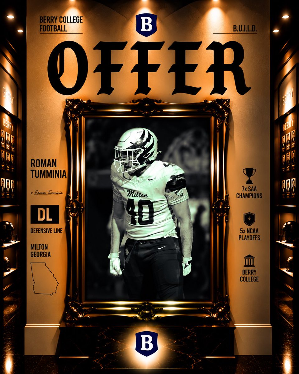 RomanTumminia's tweet photo. Appreciate all of the many hours with @CoachG_55 over the last few months. After an amazing call with @BCCoachK blessed to receive an offer from @BerryFootball #AGTG🙏🏼 

@MiltonEagles_FB @CoachBenReaves @OCCoachJack @Velocity_XP @CoachWillyMath @coachconnell85 @najehwilk @NEGARecruits 
@Spotlight39_Pod @GPBsports @MattStewartTV 
@GPBsports @deucerecruiting @coachdowns_gary @NwGaFootball