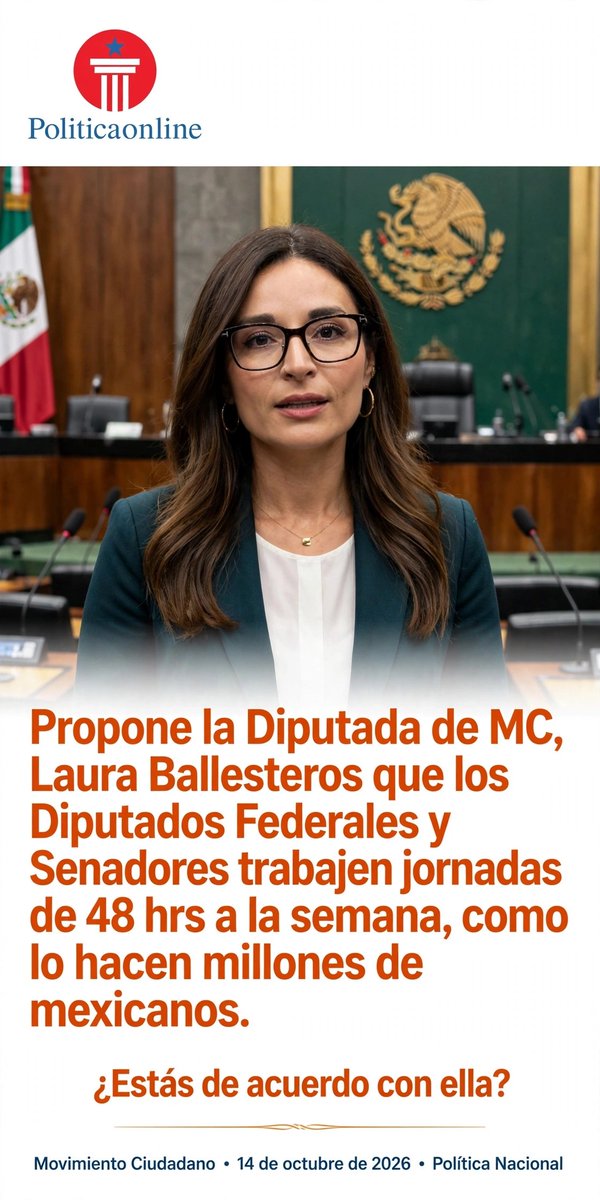 PolitikaMex's tweet photo. 🇲🇽 La Diputada de MC, Laura Ballesteros  propuso que los Diputados Federales y Senadores trabajen jornadas de 48 hrs semanales, como lo hacen millones de mexicanos. Estas de acuerdo con ella? https://t.co/NgK4mAwINV