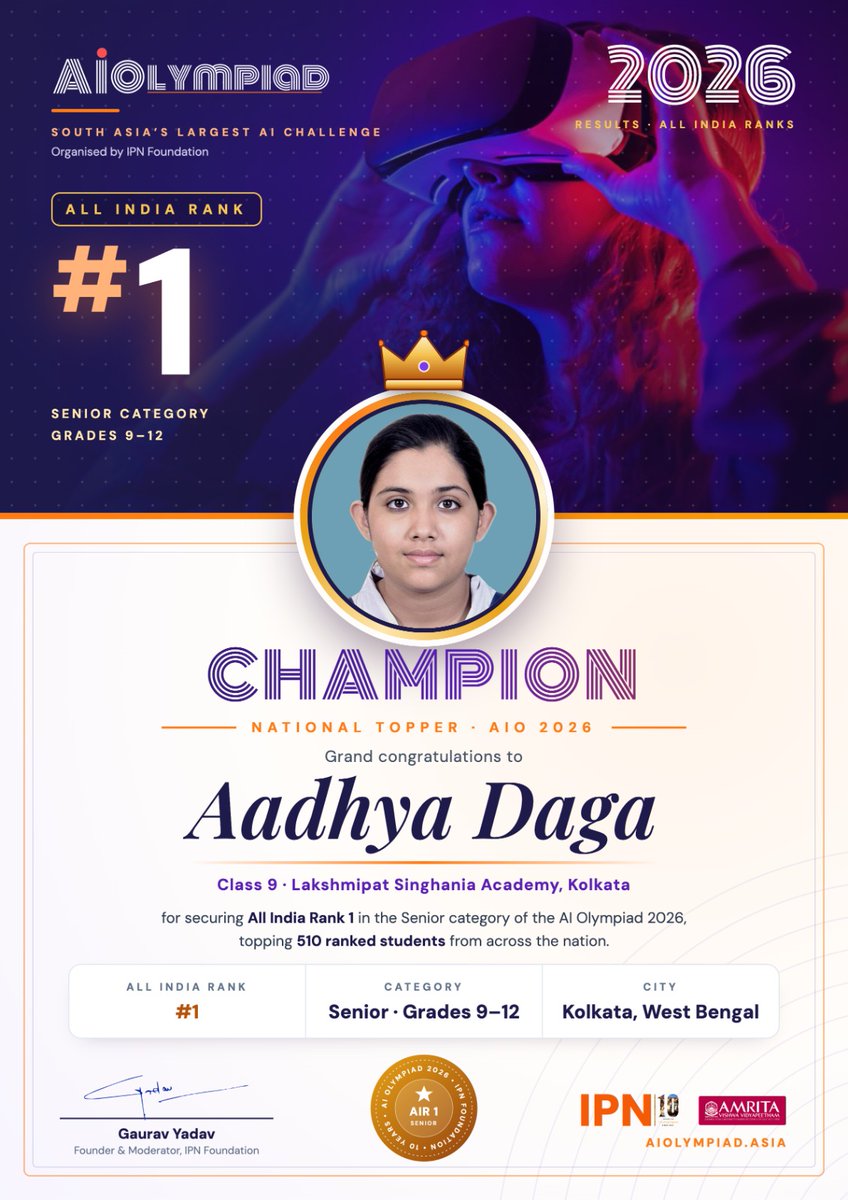 LSAkolkata's tweet photo. We are absolutely thrilled to celebrate Aadhya Daga, who has secured All India Rank 1 in the Senior Category of the AI Olympiad! 🇮🇳🌟 https://t.co/tobMbHEf84