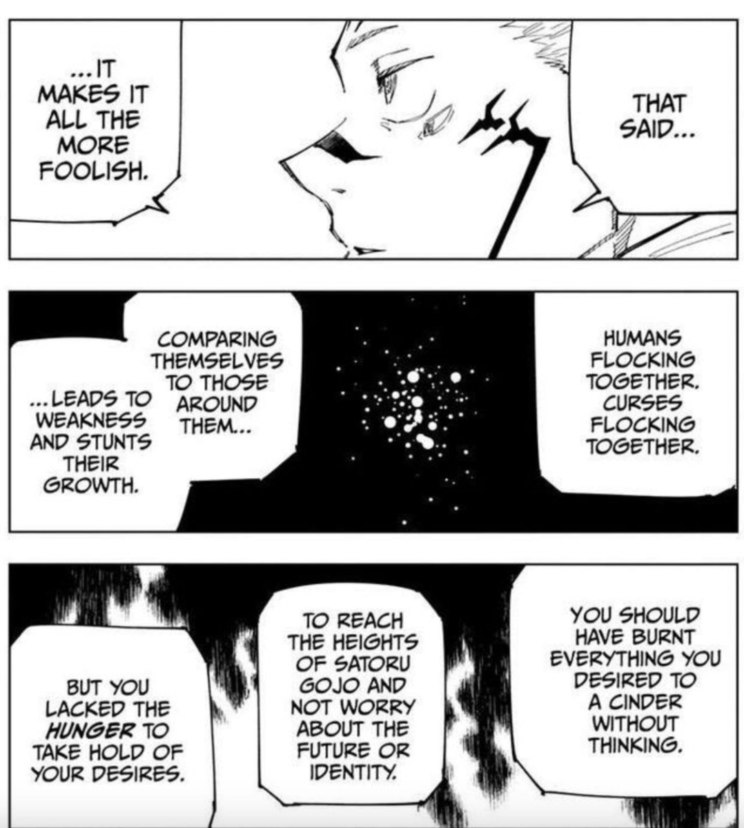 Noah70782428485's tweet photo. The difference between being your own standard and being the standard for others

Sukuna tells Jogo to aspire to Gojos heights,not his. Gojo is presented as a height to strive for. Sukuna doesnt even entertain the possibility of placing himself within that same frame of reference https://t.co/CUDxxLN4HW
