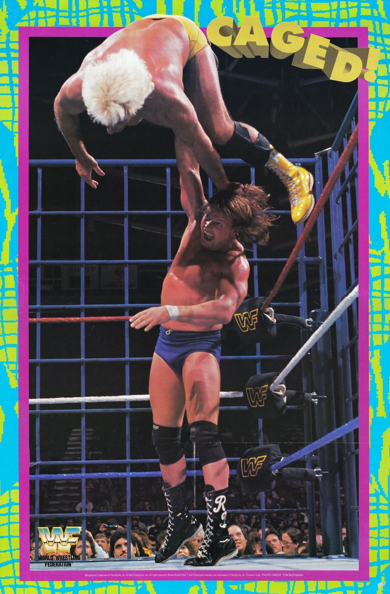 WWFWrestling1's tweet photo. Poster of Rowdy Roddy Piper & Ric Flair from the Caged! collector's series magazine. ๐ #WWF #WWE #RicFlair #RoddyPiper https://t.co/GSlKx0U9Ag