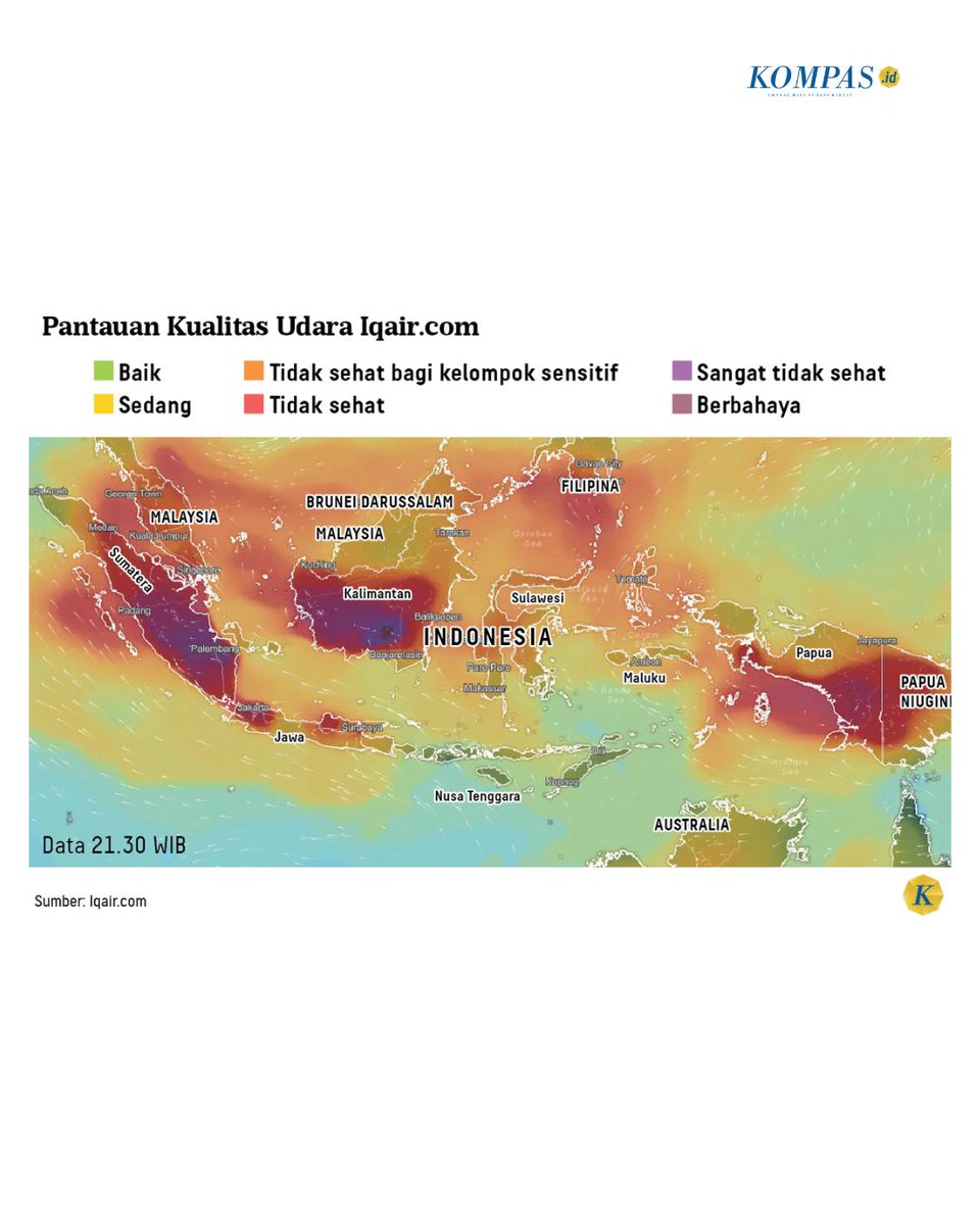 hariankompas's tweet photo. Kabut asap yang dipicu oleh kebakaran hutan dan lahan atau karhutla kian merata dirasakan oleh warga di sejumlah daerah di Tanah Air. Setelah enam provinsi prioritas yang terdampak karhutla dan kabut asap, kini warga di provinsi lain juga merasakan dampaknya, seperti Sulawesi Selatan, Sulawesi Utara, Sulawesi Tenggara, Papua Selatan, Papua, hingga Maluku dan Maluku Utara.

Enam provinsi prioritas penanganan karhutla dan kabut asap itu adalah Sumatera Selatan, Kalimantan Selatan, Kalimantan Tengah, Kalimantan Barat, Jambi, dan Riau. Keenam wilayah itu mengalami karhutla dan kabut asap sejak empat bulan lalu.

Kondisi terbaru, hingga Rabu (14/10/2026) siang, kabut asap akibat karhutla telah menyebar dan mengepung hampir sebagian besar Sulawesi, mulai dari selatan hingga utara. Asap didominasi kiriman dari wilayah Papua dan Kalimantan. Hal ini mengganggu aktivitas dan kesehatan warga.

”Secara umum, sebagian besar wilayah di Sulawesi terdampak asap, mulai dari Sulawesi Selatan, Sulawesi Tenggara, hingga Manado (Sulawesi Utara),” kata Nasrol Adil, Kepala Balai Besar Meteorologi, Klimatologi, dan Geofisika (BMKG) Wilayah IV Makassar, di Sulsel, Rabu.

Ia mengatakan, kabut asap ini merata di wilayah Sulawesi selama beberapa hari terakhir. Selain ada karhutla lokal, asap pekat berasal dari wilayah Kalimantan dan Papua, khususnya Papua Selatan. Arah angin dari timur dan tenggara membuat kabut asap dari wilayah itu terbawa ke Sulawesi, khususnya Sultra dan Sulsel.

Dampak kabut asap juga kian dirasakan masyarakat. Pengukuran indeks kualitas udara di beberapa tempat menunjukkan kategori PM 2,5 yang tidak sehat. Jarak pandang terbatas, yang berdampak luas.

Baca juga artikelnya di sini https://t.co/ZAS7UbpcNs

#KabutAsap #Karhutla #AdadiKompas