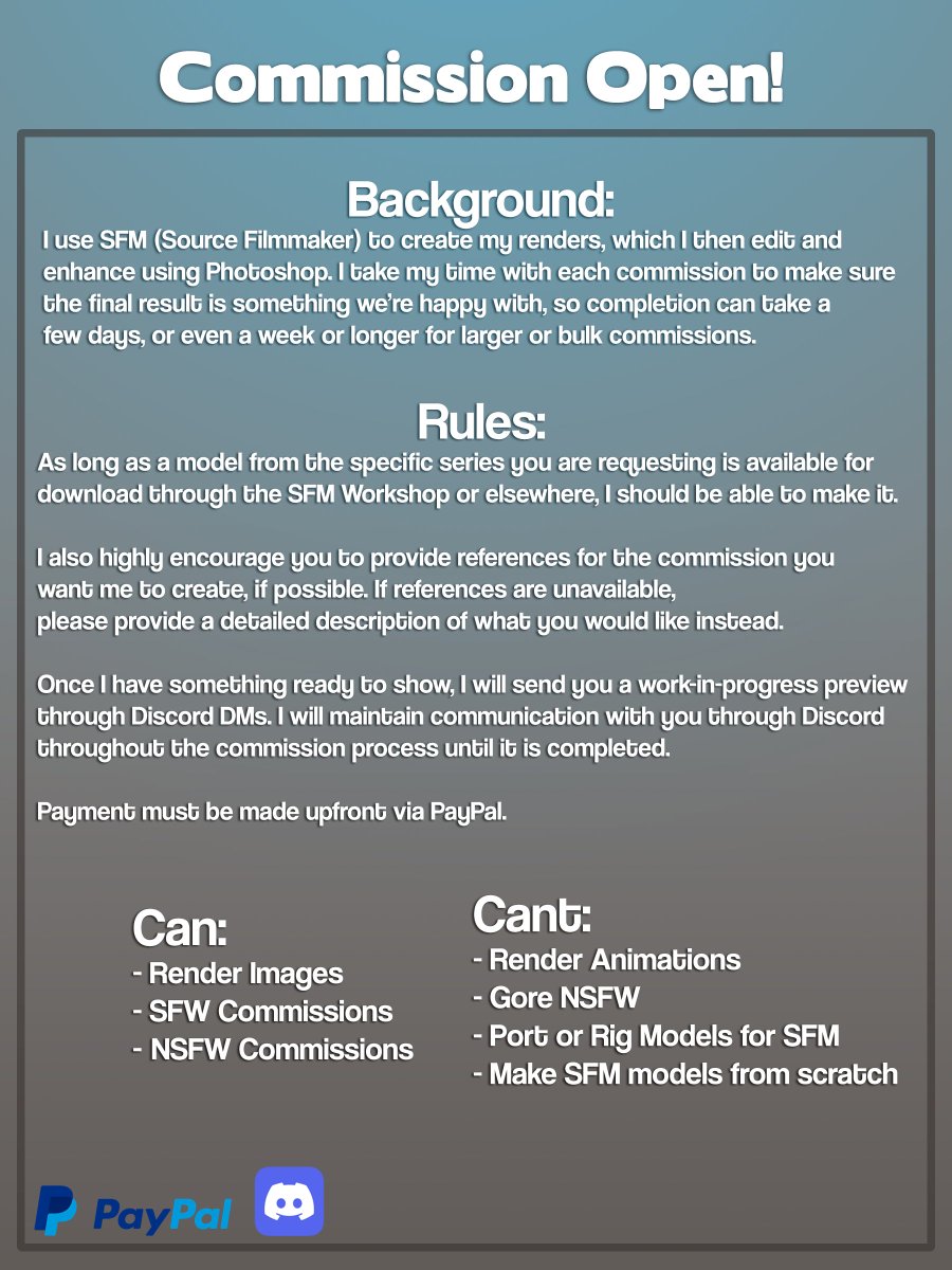 C_0rpy's tweet photo. For NSFW Commission is also available, same price as the SFW Renders but there will be additional charges for Alt Scenes

Price list and details below:

#CommissionOpen #SourceFilmmaker https://t.co/Ac9Cl9lMvv