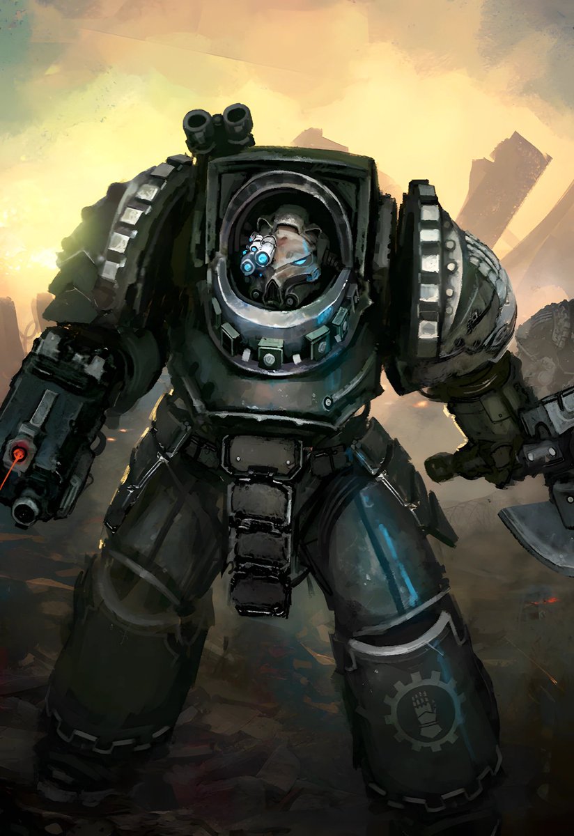 bitteriarann's tweet photo. Iron Hands fact of the day!

The Gorgons were a unique terminator unit within the 10th legion, comprised of a unique pattern of Indomitus Pattern Terminator armour developed by Ferrus Manus, the marines chosen for this were sealed into this nuclear powered plate like a tomb. https://t.co/C2grVHZwMy