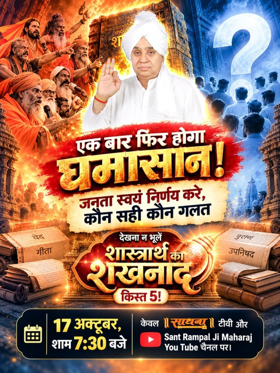 Joginde04547056's tweet photo. #शास्त्रार्थ_क���_शंखनाद_क़िस्त5
ज्ञान और अज्ञान की लड़ाई में 
जनता स्वयं निर्णय करें कौन सही कौन ग़लत।
देखिए शास्त्रार्थ का शंखनाद क़िस्त -5 
17 अक्टूबर साधना टीवी पर शाम 7:30 बजे से 9 https://t.co/ArE2UMYLX8