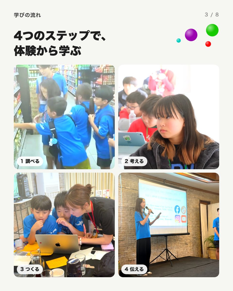 hanasacademia's tweet photo. 調べる・考える・つくる・伝える

小学1年生〜高校3年生が、学生起業家メンターと本物のビジネスに挑戦する起業家教育プログラムです。夏はセブ島、冬は国内のキャンプ、通年のオンラインがあります。

#ジュニアビジネス留学 https://t.co/UPsut6tW4E