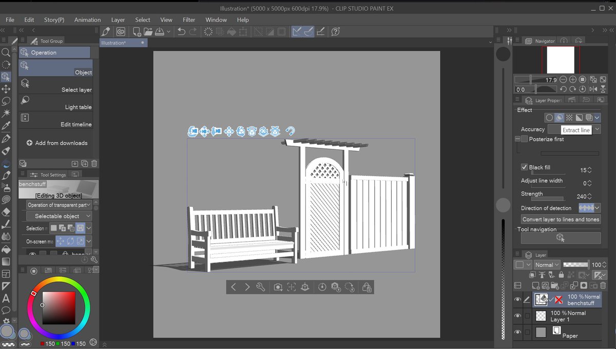 axl99's tweet photo. That's surprisingly easy in CSP

File>Import>3d Data> position model on canvas

Then Extract Line > Convert Layer to Lines and tones > select your options and go https://t.co/fi9mDMZI5x