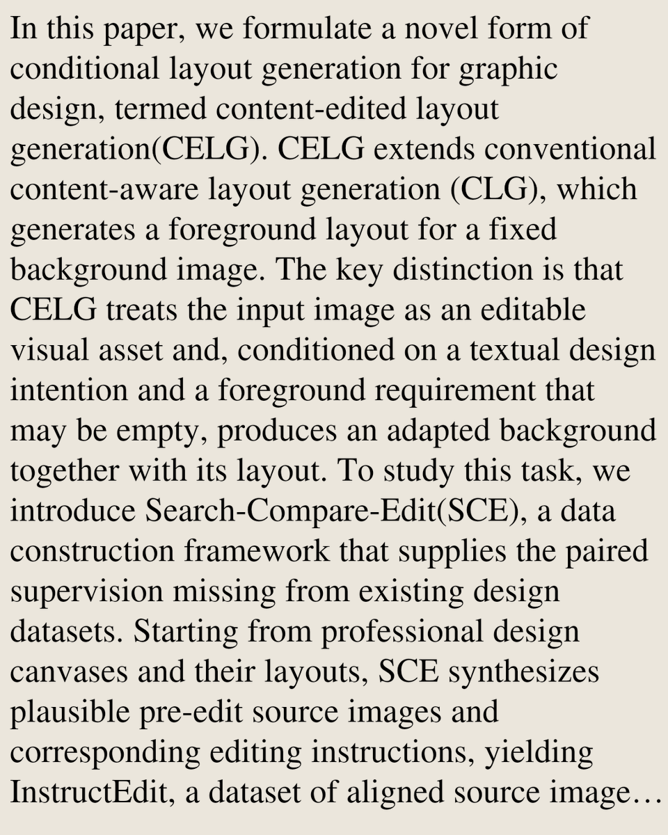 Animation's tweet photo. Content-Edited Layout Generation for Graphic Design

Shirong Yang, Zheyi Pan, Ying Cao
https://t.co/8jU5VLeUFn [𝚌𝚜.𝙶𝚁] https://t.co/g5Cbsd5KI1