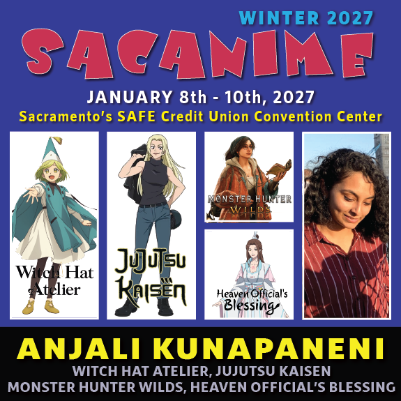 SacAnime's tweet photo. We are pleased to have Anjali Kunapaneni at SacAnime Winter!

@hereliesanjali is a voice actor known for their work as Coco #WitchHatAtelier, Roy #Pokémon, Yuki Tsukumo #JujutsuKaisen, Lemon #Mashle, Dori #GenshinImpact, Sushang #HonkaiStarRail, #Gundam, Sakura #Nikke and more! https://t.co/VwNs8OBreP