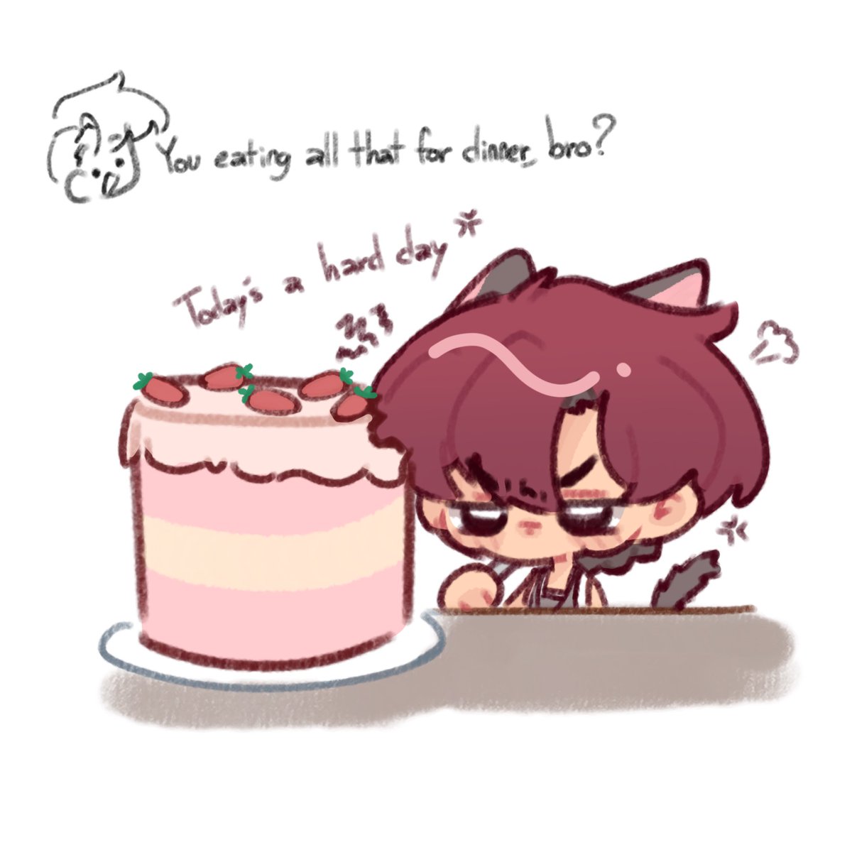 Munkisii's tweet photo. A day of him being grumpy n he just need a wholeass cake for dinner to replenish himself (warm up doodle yippee) https://t.co/4s9fIAAHGF