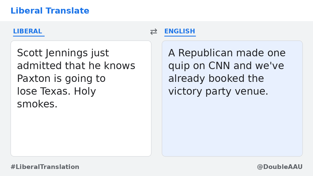 DoubleAAU's tweet photo. 🔄 Translation: A Republican made one quip on CNN and we've already booked the victory party venue. #LiberalTranslation #Texas https://t.co/q65mYcRjJw