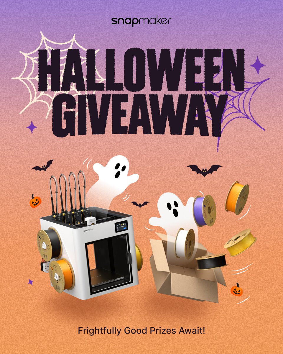 snapmaker's tweet photo. 🎃 HALLOWEEN GIVEAWAY! 👻
Spooky season, big treats! Follow the steps below for a chance to win Snapmaker U1 and Halloween Filament Bundle. 🕷️💀🧙

How to Enter
1️⃣ Follow @snapmaker 
2️⃣ Like & Share this post
3️⃣ Comment the Halloween item you’d love to 3D print 💬
4️⃣ Complete tasks on Gleam: https://t.co/b7lW5k8b7A

Prize Pool
🎁 1× Snapmaker U1 3D Printer
🎁 3× Pumpkin Lantern Night Filament Bundle
🎁 3× Ghostly Little Monsters Filament Bundle

📅 6 winners will be selected via Gleam and announced in this post on Oct 29.

Good luck, makers! 🕸️🛠️
May your prints be spooky and your Halloween be full of treats! 🦇

#SnapmakerU1 #3DPrinting #Halloween #Giveaway