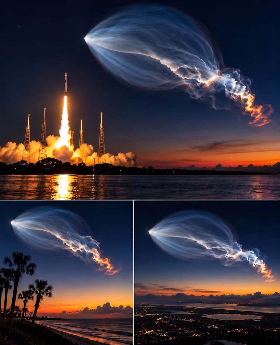 amazing_physics's tweet photo. SpaceX Rocket Creates a Giant Glowing Jellyfish in the Sky! 🚀✨

This breathtaking phenomenon is known as the Space Jellyfish Effect. It happens when a rocket launches around sunrise or sunset, and sunlight illuminates its expanding exhaust plume high above Earth while the ground remains dark.

The result? A spectacular, glowing cloud that looks like a giant cosmic jellyfish floating across the sky! 🌌

#SpaceX #SpaceJellyfish #RocketLaunch #SpaceScience