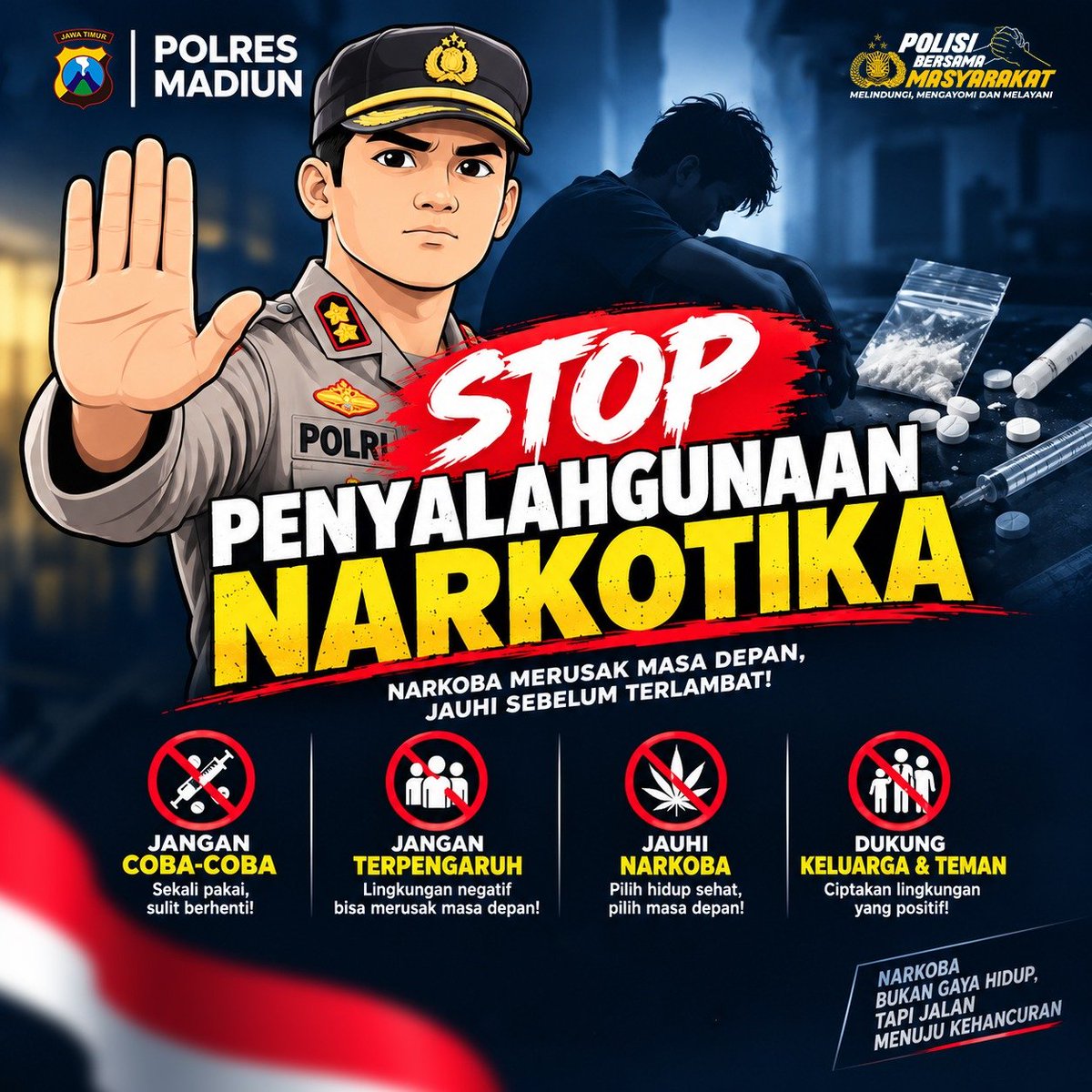 XPolsekkare's tweet photo. STOP PENYALAHGUNAAN NARKOTIKA!

Narkoba merusak kesehatan, menghancurkan masa depan, dan berdampak buruk bagi keluarga serta lingkungan.

Katakan TIDAK PADA NARKOBA! Jauhi penyalahgunaan narkotika
#PolresMadiun #StopNarkoba #AntiNarkoba #GenerasiSehat https://t.co/OHlpkJwYfd
