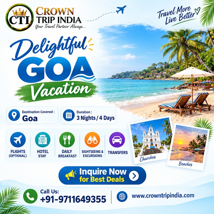 CrownTripIndia's tweet photo. 🌴 Delightful Goa Vacation – Travel More, Live Better! 🌊☀️
✨ Goa Holiday Package Includes: 📍 Destination: Goa
📞 Call Us: +91-9711649355
🌐 Website: https://t.co/7YWGItcoo9
Crown Trip India – Your Travel Partner Always! ✈️
.
#CrownTripIndia #GoaVacation #GoaTrip https://t.co/D4NntZiHCr