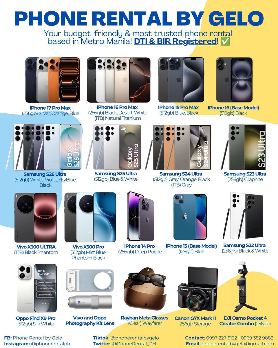 PhoneRental_PH's tweet photo. PHONE FOR RENT | PHONE RENTAL SERVICE PH

ONE ZONE FEST DAY 1 &amp; 2 

‼️AVAILABLE‼️
S26U / 17PM
S25U / 16PM
S24U / 15PM
X300 PRO/ Ultra W/ LENS
Oppo Find X9 Pro

Iphone 18 Pro Max🔜

wtr lfr wts wtb bts seventeen txt sb19 twice exo ahof bini bl gl #ONEZONEFEST #OZF https://t.co/h3DcxdRipk