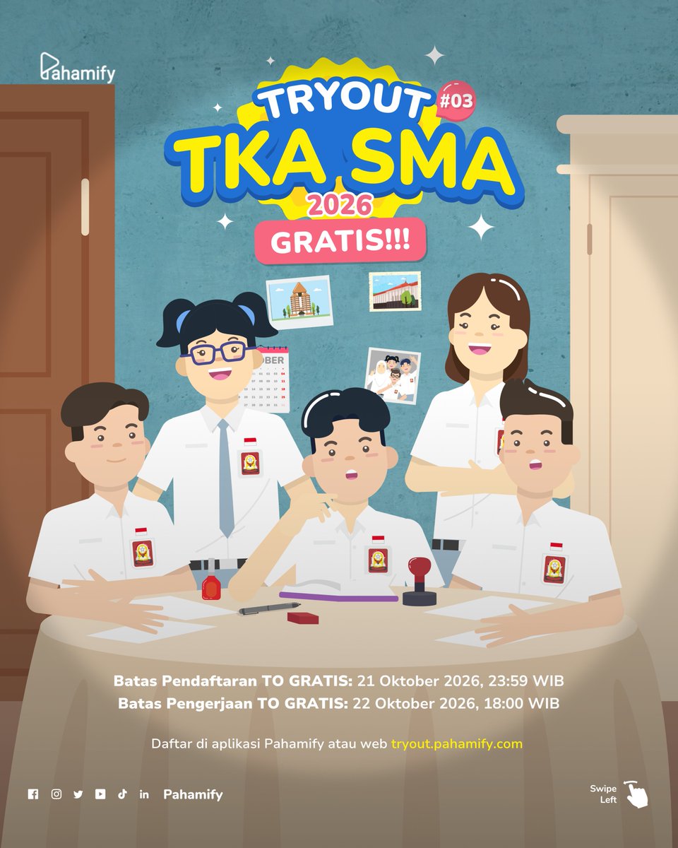 pahamify's tweet photo. 🎊TO GRATIS: Pendaftaran TO TKA SMA 2026 #03 Gratis DIBUKA!🎊

📆Pendaftaran: 15-21 Okt'26
✏️Pengerjaan: 15-22 Okt'26

🥇TO PALING UPDATE mengikuti kisi-kisi Kemendikdasmen.

Cara daftar GRATIS di sini ⬇️ https://t.co/lhS1sFXqbQ