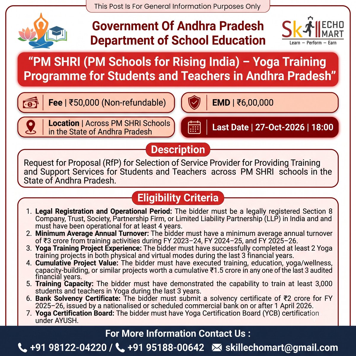 SkillEchoMart's tweet photo. Live Tender Alert: Government of Andhra Pradesh, Department of School Education | Last Date: 27-10-2026, 06:00 PM
#LiveTender #AndhraPradeshTender #PM_SHRI #YogaTraining #SchoolEducation #SkillDevelopment #GovernmentTender #GeM #YogaCertification #AYUSH #TrainingProvider https://t.co/Cl3nAENHpC