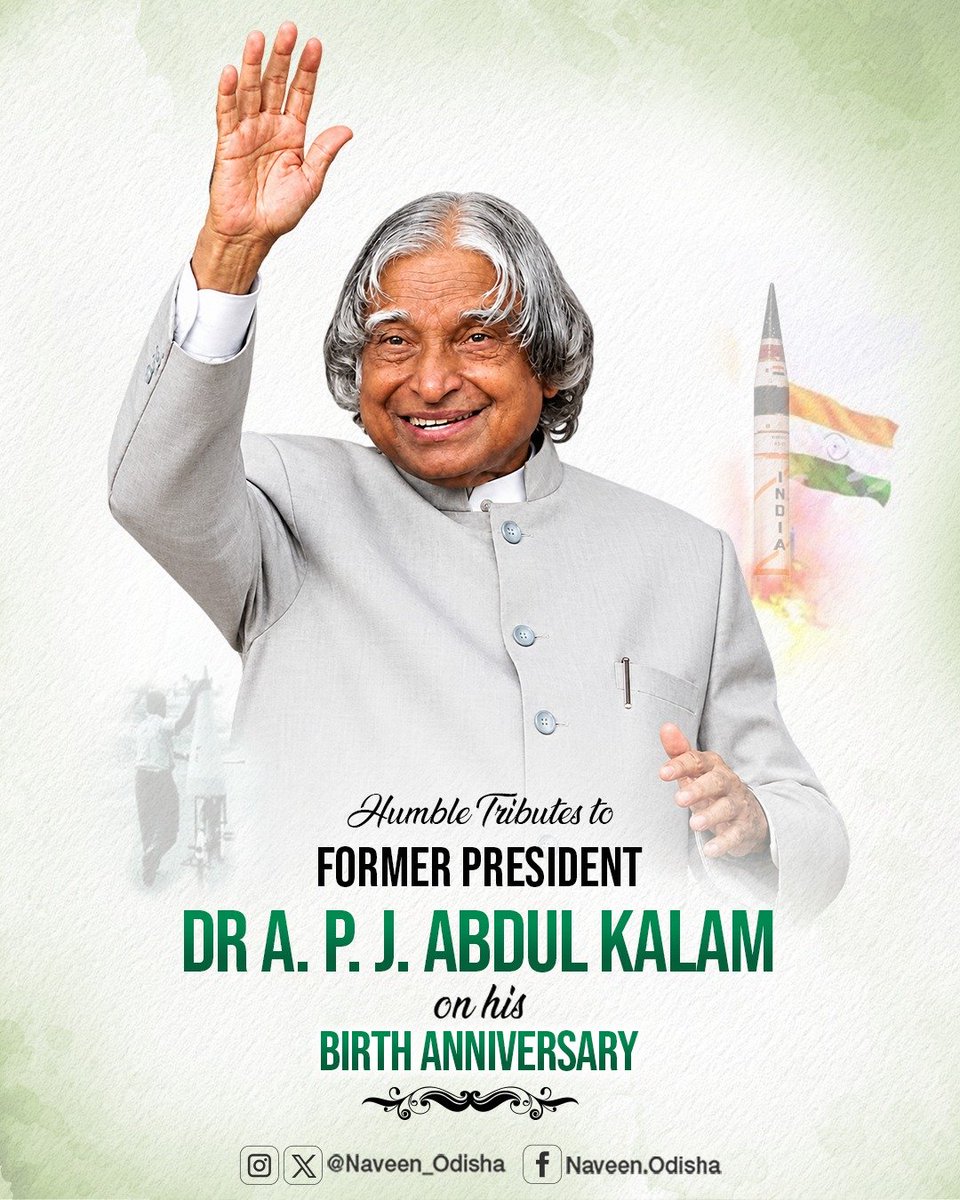 Naveen_Odisha's tweet photo. Humble tributes to former President and Bharat Ratna awardee Dr #APJAbdulKalam on his birth anniversary. An eminent scientist, beloved teacher, noted author and eloquent speaker, he shared a deep bond with #Odisha. His pioneering role in India’s missile programmes to build a self-reliant country and his vision to ignite young minds will forever remain a guiding light.