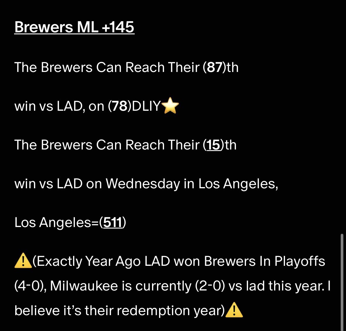 truthinsports5's tweet photo. https://t.co/4yYSqAjXN4

#gematria #MLB 

BREWERS ML ✅💵

*BREWERS SEND LAD HOME TMR ����⏳ https://t.co/KbvabXg51n