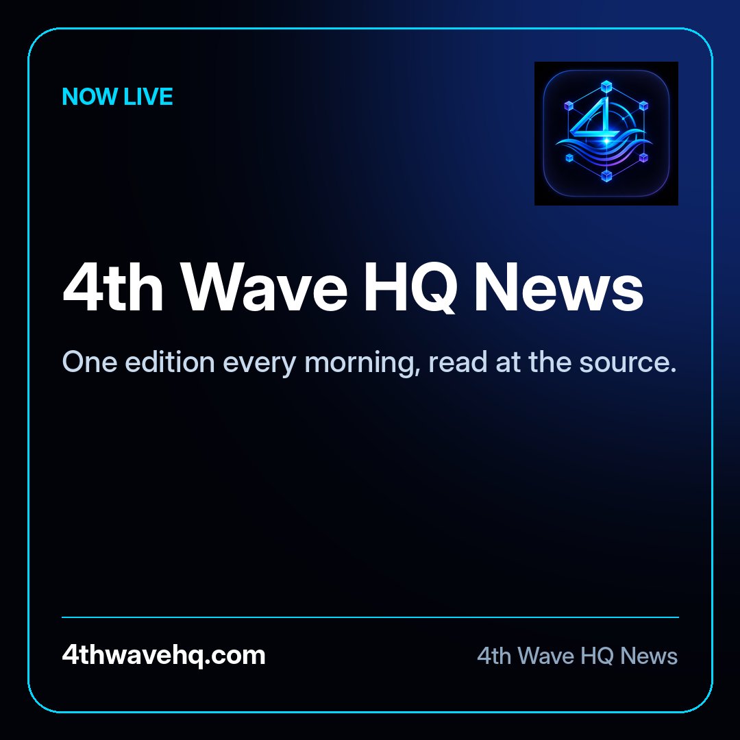 4thWaveHQ's tweet photo. 4th Wave HQ News is live. One edition every morning, read at the source: agencies, statehouses, city halls, filings. Each story links to its own page, carries an A-E grade for how strong the evidence is, and a line on what to watch next. Read today's: link in our profile. https://t.co/m4Nn6JdmGi