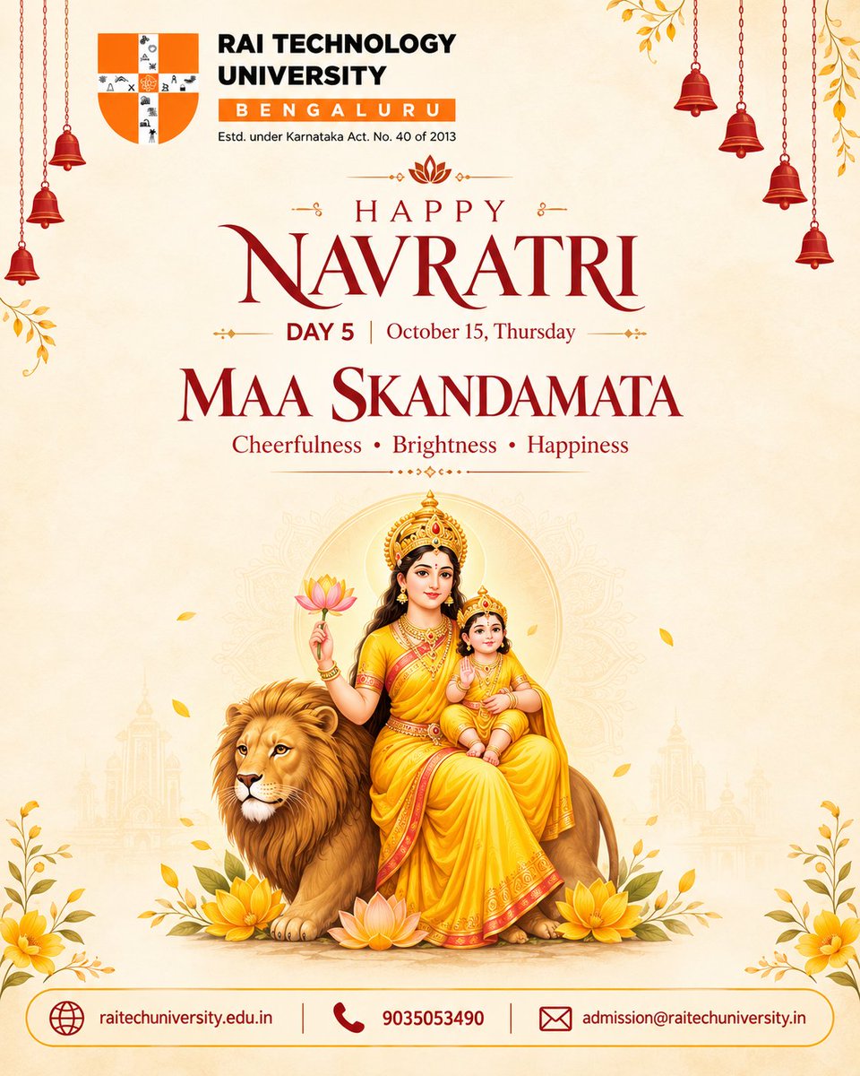 Raitechuniver's tweet photo. ✨ Good vibes, golden blessings! 💛🙏 Jai Maa Skandamata! 🌼

#Navratri #MaaSkandamata #Navratri2026 #Day5 #FestiveVibes #RaiTechnologyUniversity #Bengaluru #DivineBlessings https://t.co/y4b4jrzE59