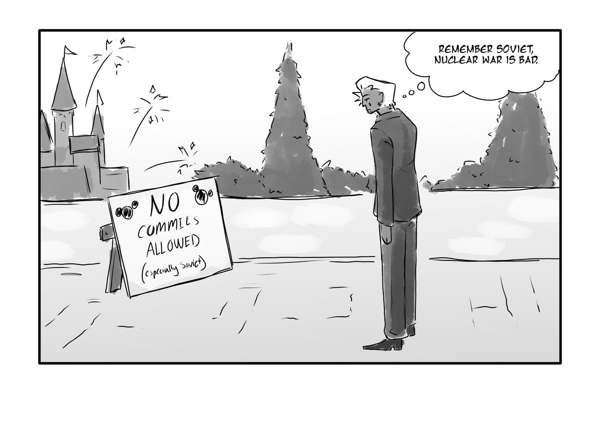 chunkiemilk_png's tweet photo. Strawpage - "USA is refusing to let USSR enter Disneyland. USSR is deeply heartbroken and crying about it."

doodled this out b4 bed https://t.co/AQlcayHiET